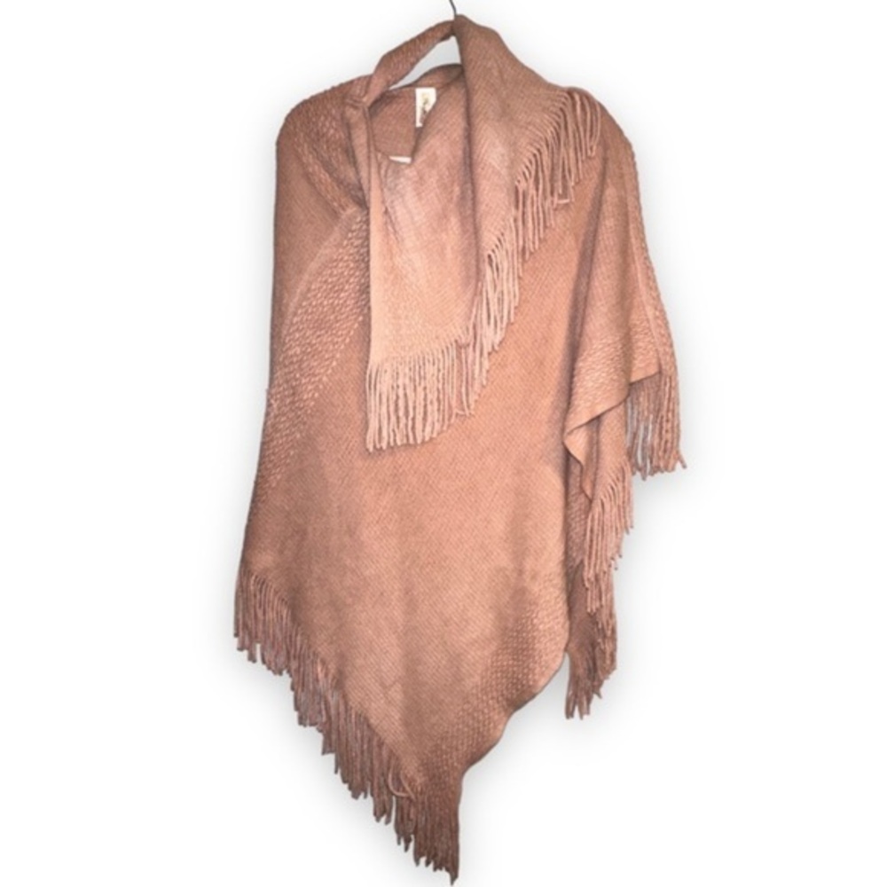Pinklicious Wrap Poncho Shawl Foldover Neck Knit Fringe